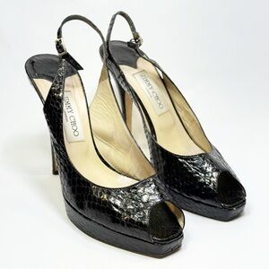 Jimmy Choo Black Snake-Embossed Peep-Toe Slingback Pumps size 40.5